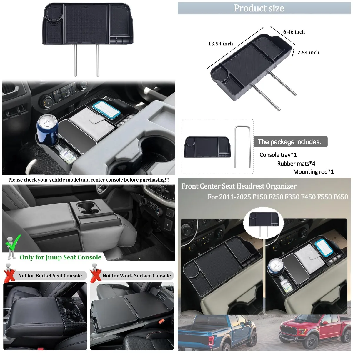 

Front Center Seat Headrest Organizer for 2011-2026 Ford F150 F250 F350 F450 F550 F650, Coin Storage with Non-Slip Mat (Jump Seat