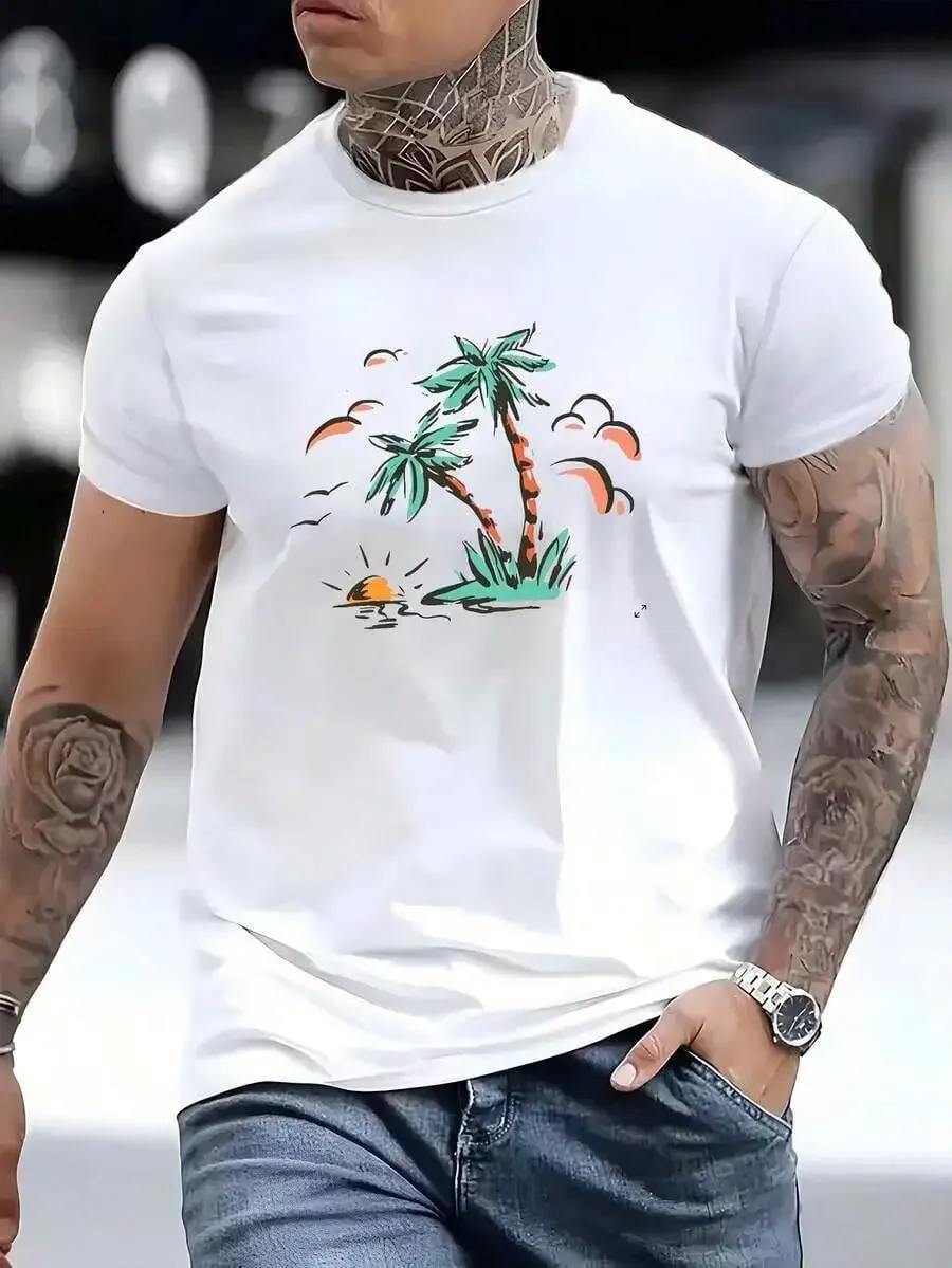 Men'S Fashion Casual Vacation Palm Tree Landscape Illustration Printing Design Crew Neck Comfortable Fabric T-Shirt | New In Sum