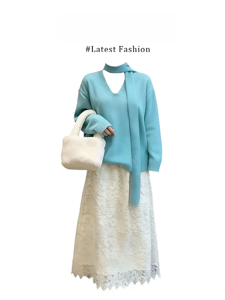 

Gentle Lace f-length Skirt And Loose Top Women's Faion Set Spring New Sle V-ne Long Sve High Waist Casual Wear
