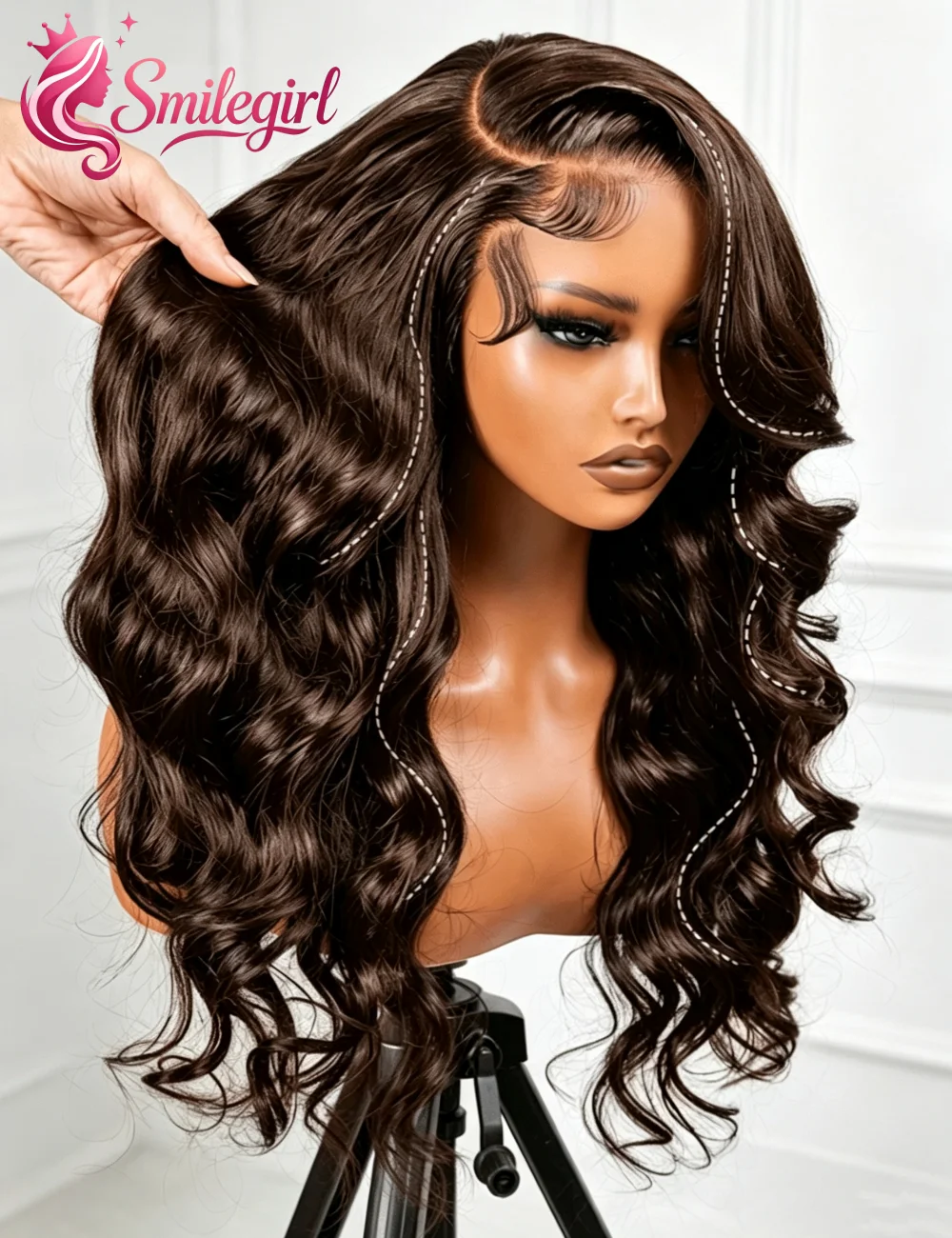 Perruque en cheveux humains ondulés brun chocolat, densité 200, perruques frontales en dentelle HD 13x6, cheveux humains 4 #   Perruque en cheveux humains colorés pré-épilés pour femmes, 32 pouces