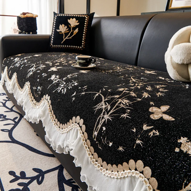 

French Irregular Printed Sofa Pads Chenille Jacquard White Skirt Edge Couch Mat Anti Slip Anti Cat Scratching Settee Cloth