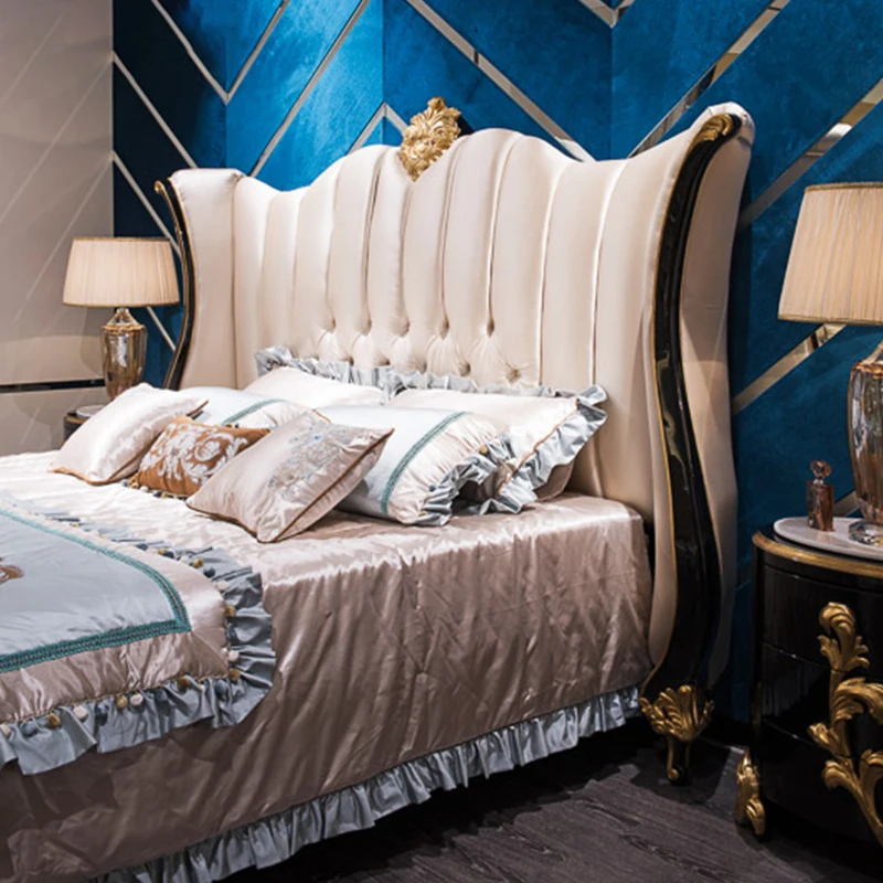 !@Luxury Bedroom Furniture Bedding Set French Classic Style Up-holstered king Size Wooden Beds