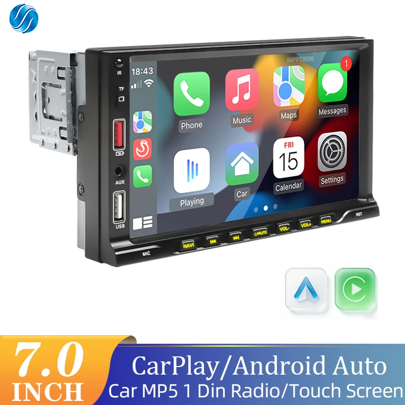 

Автомобильное MP5-радио HIPPCRON с Carplay и Android Auto, 7-дюймовый HD-дисплей, сенсорный экран для автомобильного аудиоплеера, 1DIN, Mirror Link, Dual USB