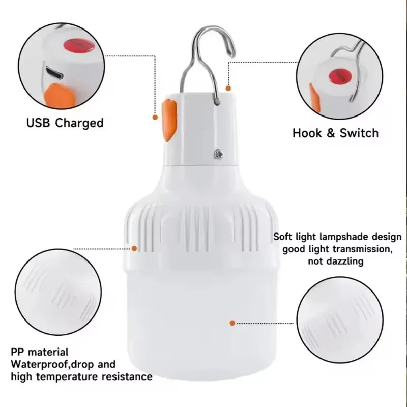 Linterna LED de emergencia recargable por USB, 30W, 60W, 100W, 3 modos de iluminación para exteriores, bombillas de lámpara LED portátiles duraderas para acampar y pescar