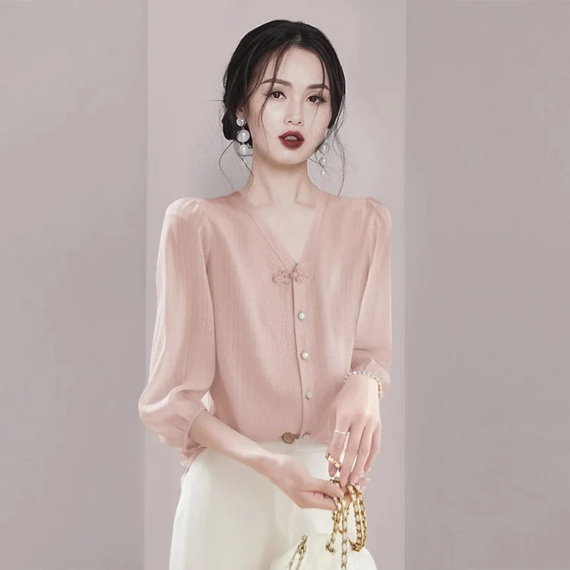 

Женская модная блузка из шифона с V-образным вырезом и рукавом три четверти, винтажный дизайн с пуговицами, омолаживающий эффект, для повседневной носки