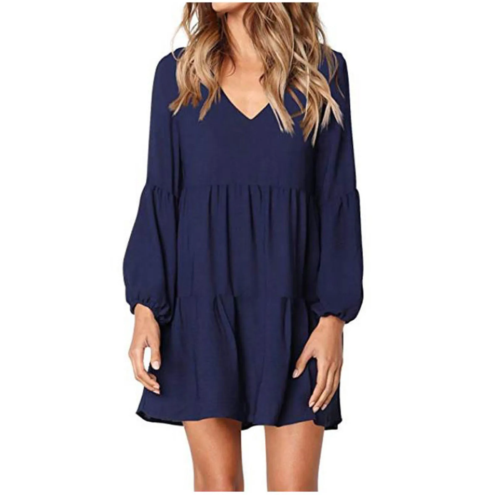 

Women's Dresses Summer Tunic Dress V Neck Casual Loose Flowy Swing Shift Dress Long Sleeve Fit Loose Ruffled Pockets Dresses