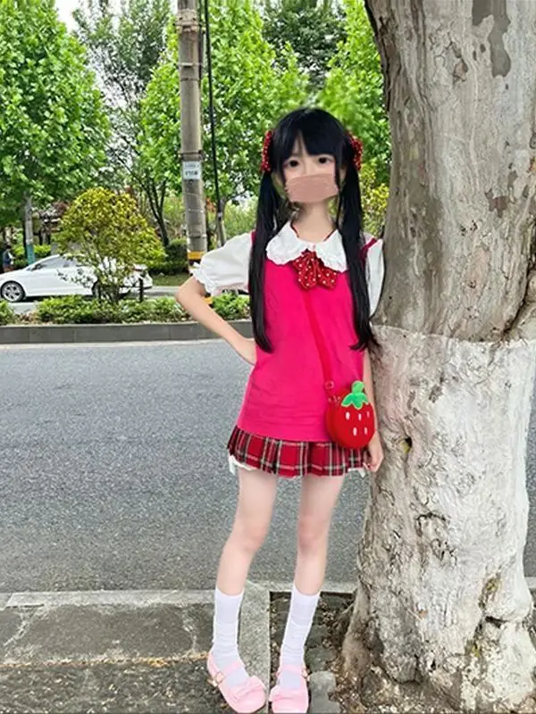 Summer Knitted Sweater Vest Set in Magenta for Women Breathable Comfortable Soft Cute Sweet New Style JK Uniform School Uniform