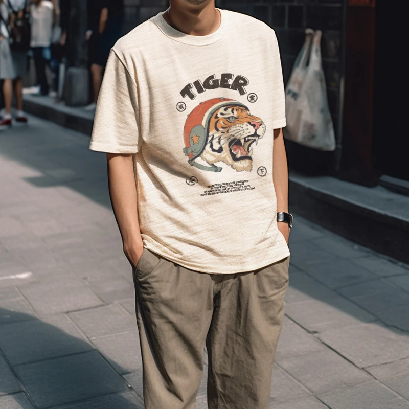 Xie Xianshen Men\'s Summer Retro Rough Cotton T-Shirt Tiger Print Casual round Neck Short Sleeve Youth Fashion Antibacterial