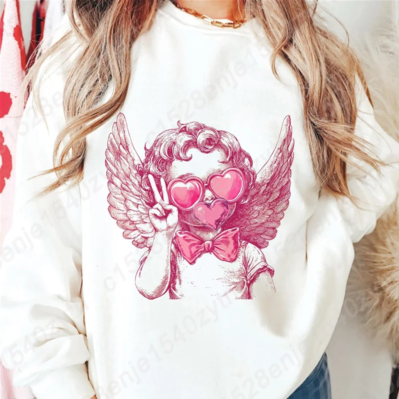 

Retro Cupid Valentine Blowing Bubble Print Pullovers Autumn Winter Creative Personalized Tops Ladies Casual Round Neck Pullovers