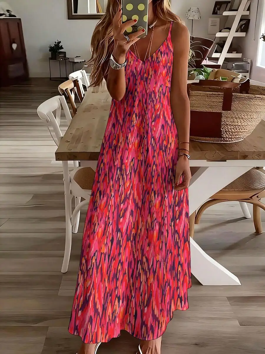 

Women V Neck Spaghetti Strap Maxi Dress Abstract Colorful Geometric Print Casual