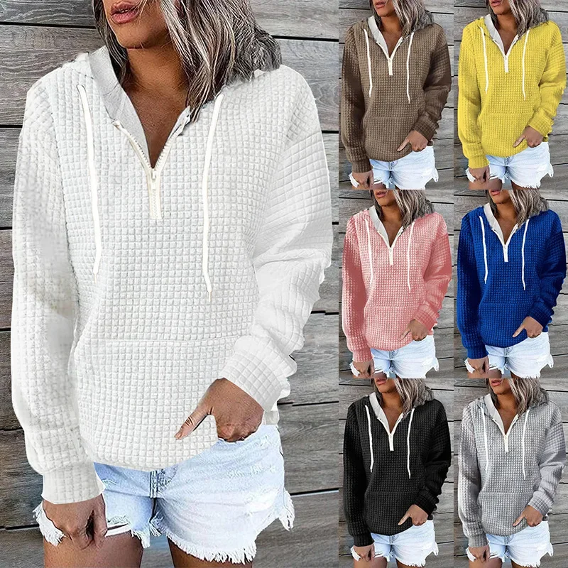 Women Waffle Knit Hoodie Half Zip V Neck Contrast Drawstring Long Sleeve Loose Pullover Top