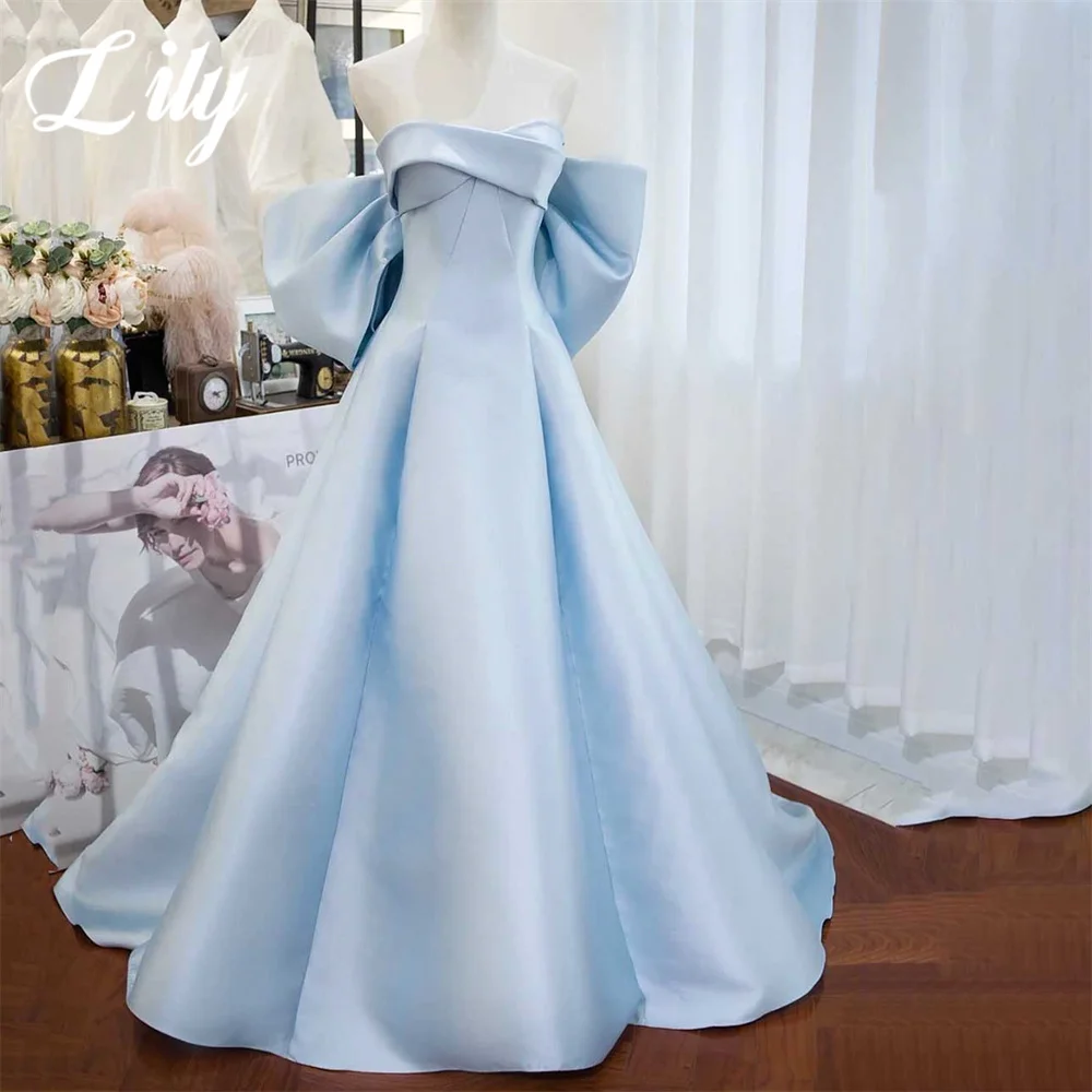 

Lily Sky Blue Woman Evening Dress Sweetheart A-Line Prom Dress Sexy Sleeveless Pleat Night Dresses Gown with Bow robes de soirée