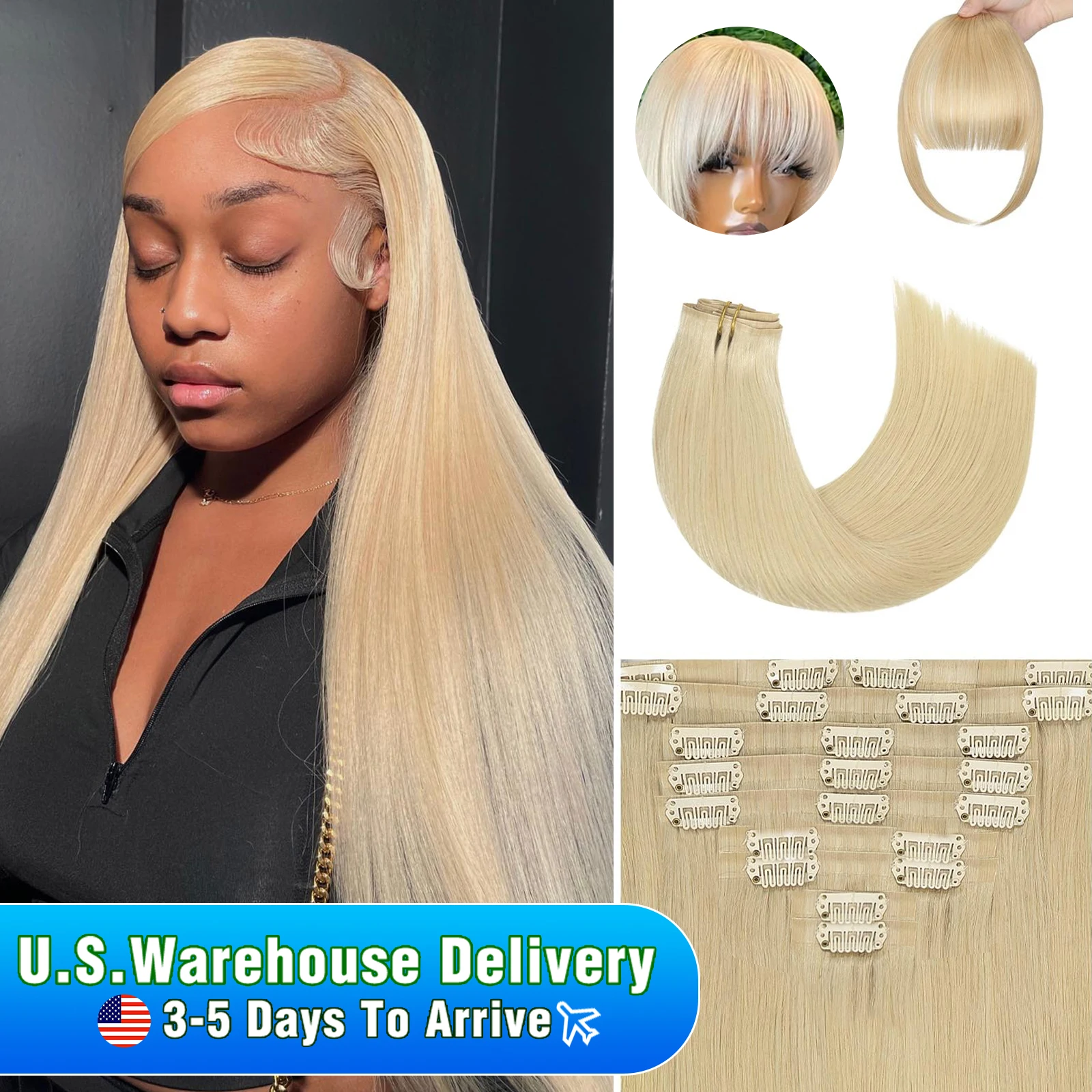 # 613 Bleach Blonde Straight Clip-in-Haarverlängerungen Echthaar 70–140 Gramm brasilianisches Echthaar Clip-in-Haarverlängerungen mit Pony