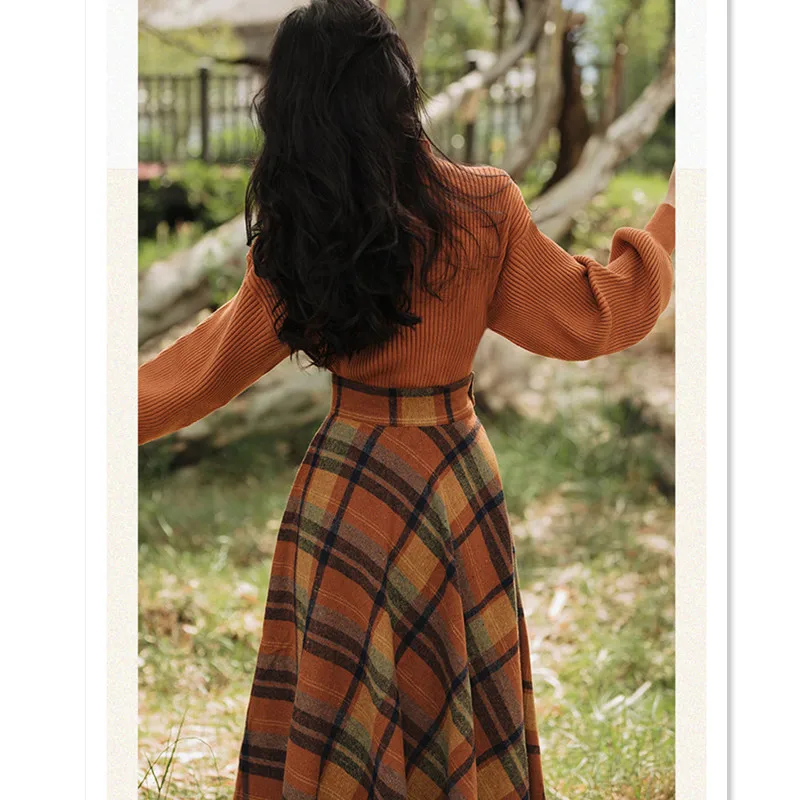 Women\'s Spring Autumn Vintage Plaid Long Skirts Sweater Two-Piece Set French Lady Graceful Knit Pullover High Waist Skirt Outfit