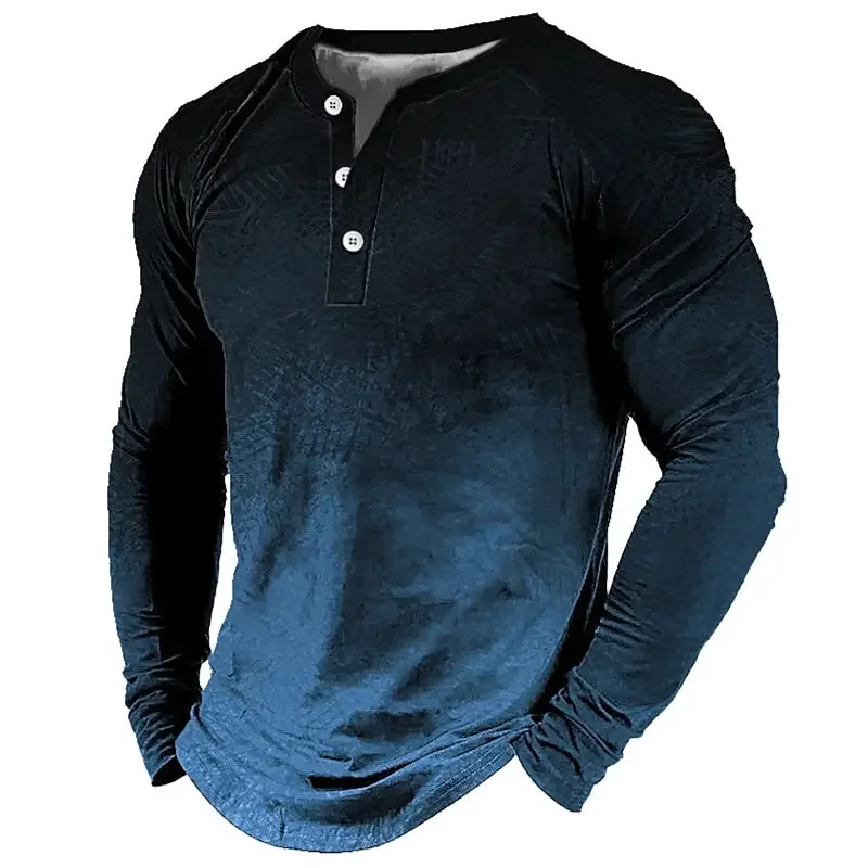 

New Gradient 3D Print Henley Shirts Men's Fashion Vintage Streetwear Oversized Button Long Sleeve T Shirt Tees Tops Man Clothing