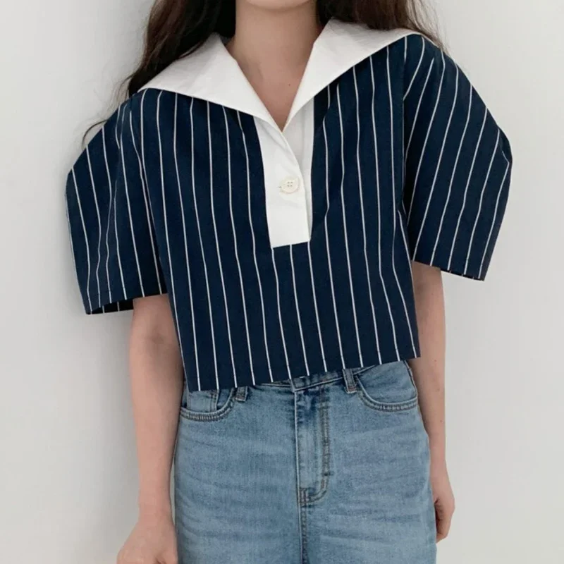 Neploe Korean Chic Vintage Reduced Age Contrast Navy Collar Blouses 2024 Summer Femme Loose Versatile Puff Sleeve Stripe Shirt