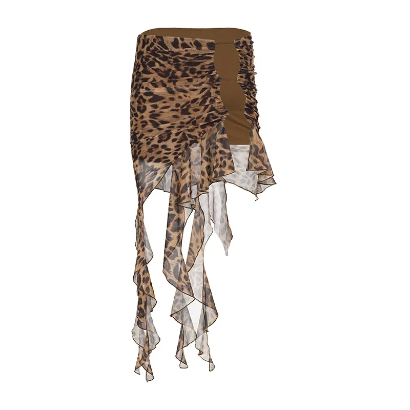 

Sexy spicy girl fashionable irregular leopard print strap retro style long skirt