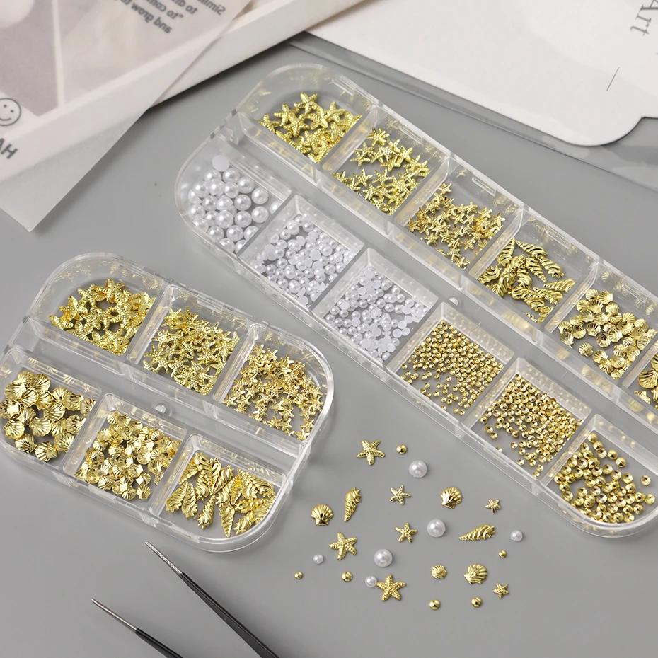 Encantos 3D de estrella de mar y conchas doradas, tachuelas de metal, perlas, cuentas de caviar, tachuelas de verano, decoraciones de arte de uñas 6