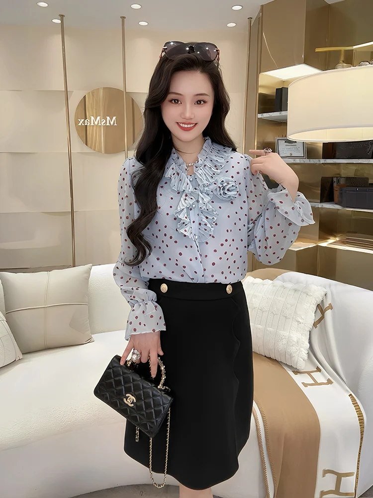 

Элегантная женская блузка в горошек с узором снежинок для весны и осени, повседневная, нежного белого и синего цвета, из дышащего полиэфирного волокна