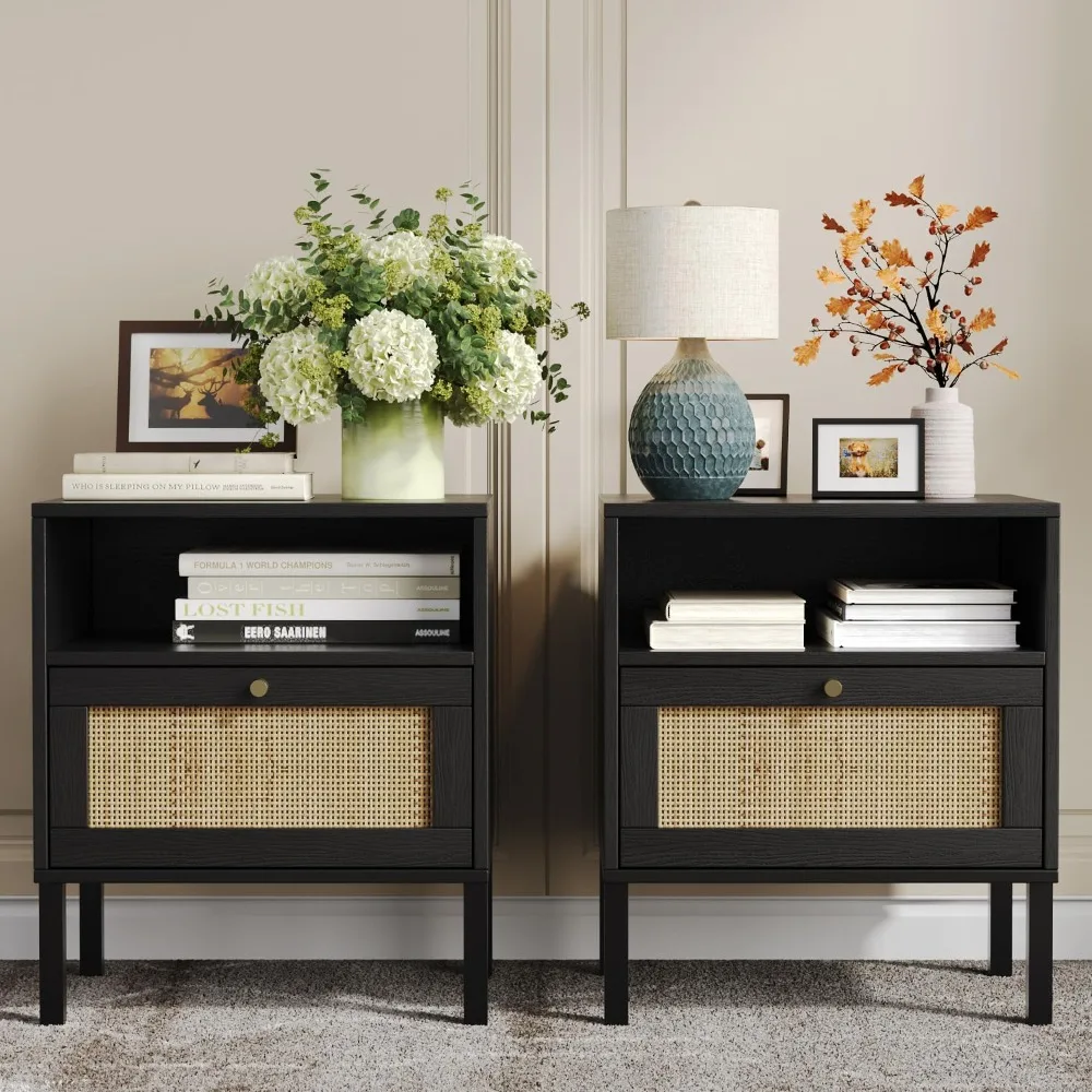 Natural Rattan Nightstands Set of 2,Boho Bedside Table with 1 Hand Made Decorated Door for Living Room,Bedroom,Black