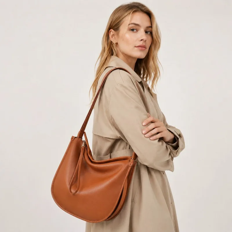 

Genuine Leather Women Hobo Bag Minimalist Curved Shoulder Bag Soft Casual Tote Bag Ladies Handbag For Work Commute