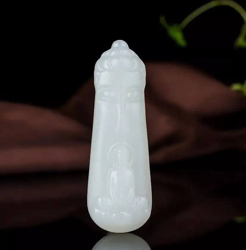 Chinese Natural Grade A White HeTian Jade jadeite Hand-Carved pendant Buddha