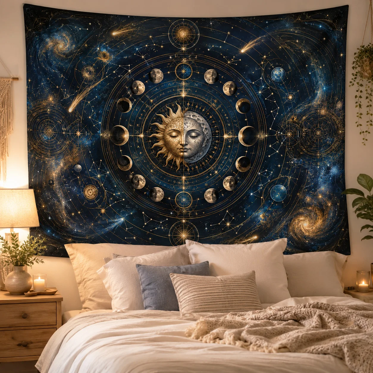 Celestial Sun Moon Phase Wall Tapestry Galaxy Astrology Starry Sky Hanging Decor for Dorm Bedroom
