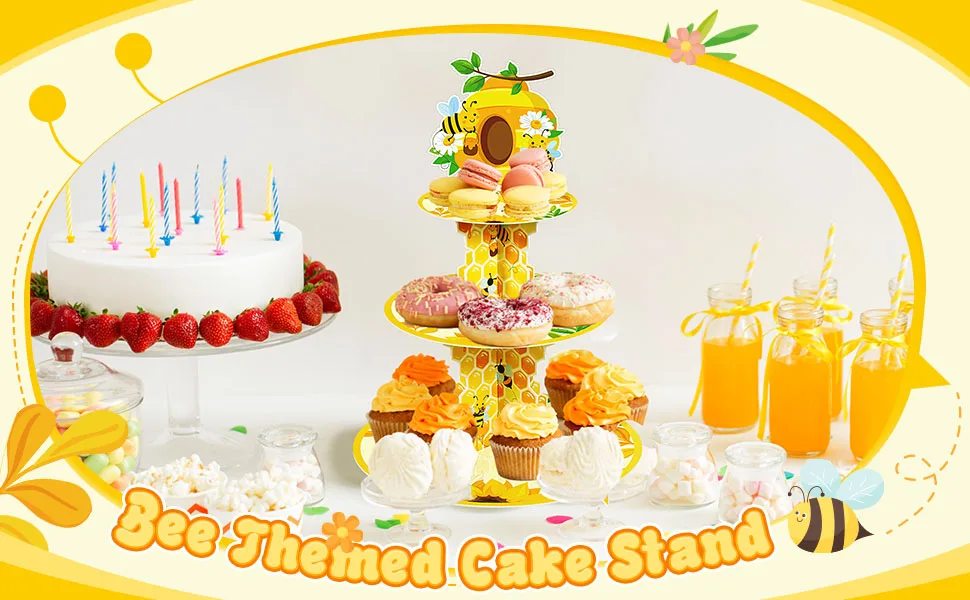 3-stöckiger Bienen-Themen Papier-Cupcake-Ständer Gelber Sonnenblumen-Dessert-Turm Robuster Party-Halter für Kindergeburtstag Babyparty-Dekoration – Detail 1