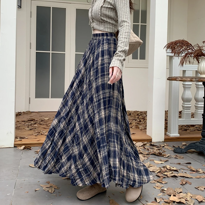 

Retro High Waist Pleated Blue Plaid Women's Skirt Elastic A-Line Midi Skirt Commute Sle Polyester Fiber Long Skirt