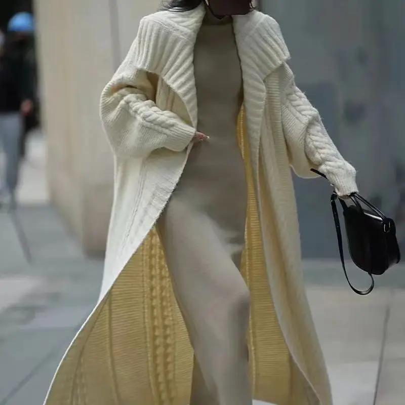 Fried Dough Twists long sweater women cardigan autumn and winter 2023 new lapel loose thickened knitting coat coat