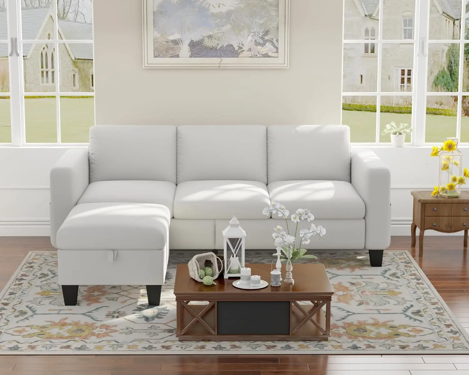 Sectional Sofa Couches For Living Room 78"" L Shaped Sofas With Storage Ottoman Small 3 Seater Couch Velvet Fabric, Beige