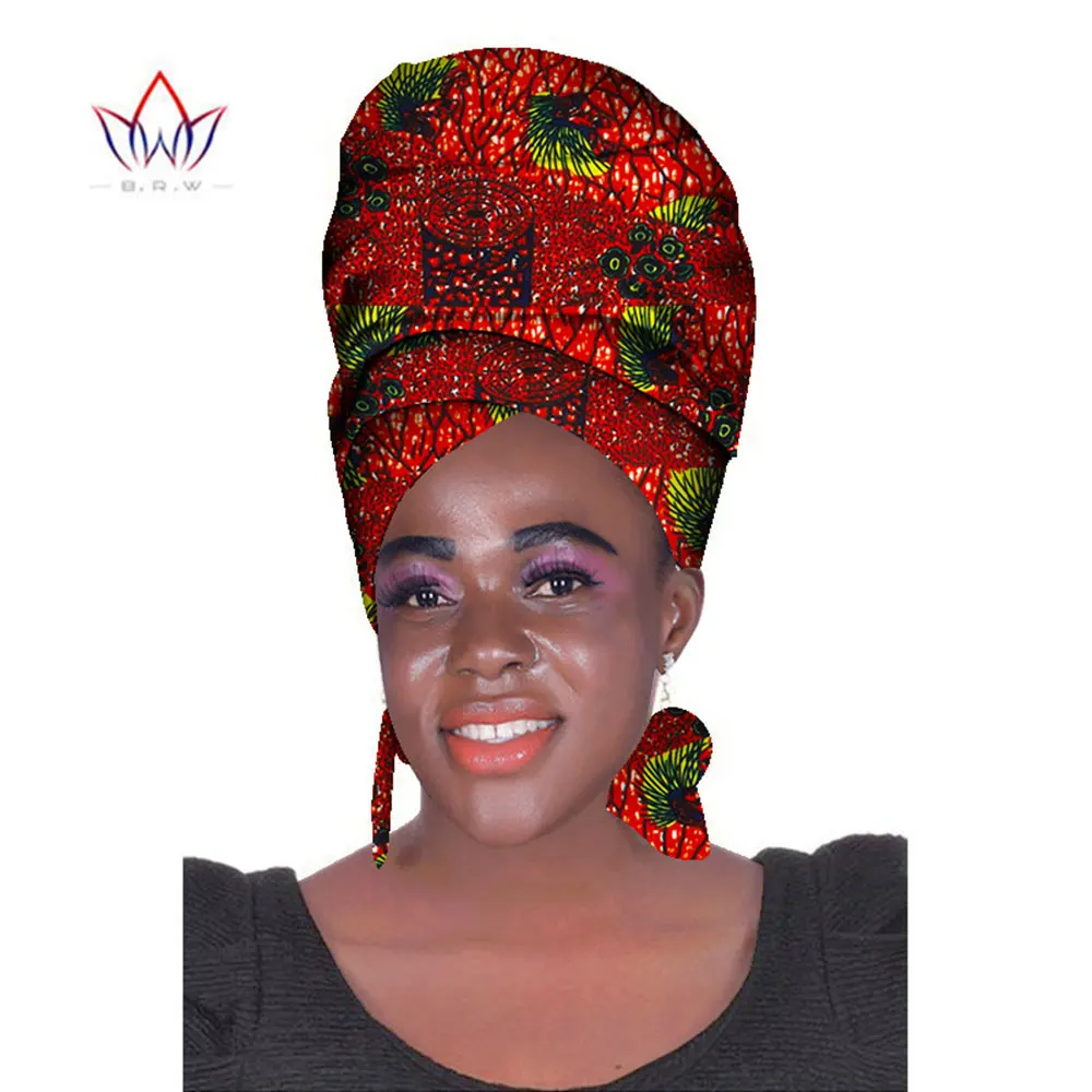 African Headtie Print Headwrap Ankara Wax Fabric 100% Cotton Scarf Kente Scarves And Earrings 2 Pieces Female Wyb483