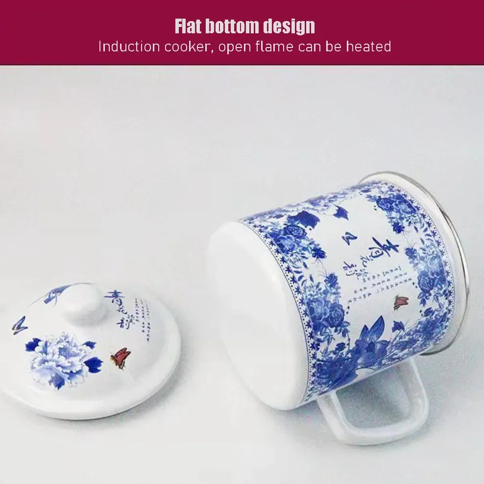 700ML Enamel Cup Chinese Style Blue And White Porcelain Tea Mug With Lid 10CM Caliber Office Teacup Nostalgic Enamel Mug