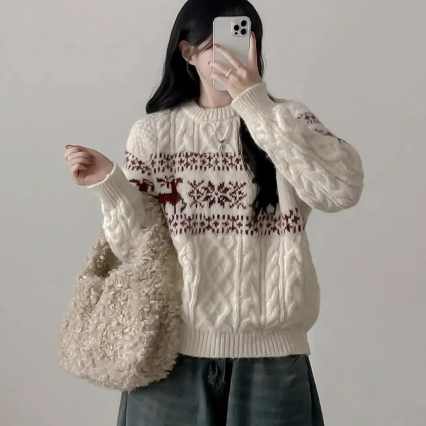 Cisas 鹿柄ニットセーター レディース ラウンドネック プルオーバー ソフトで心地よい 秋冬 ファッション スリム ヴィンテージ スタイル