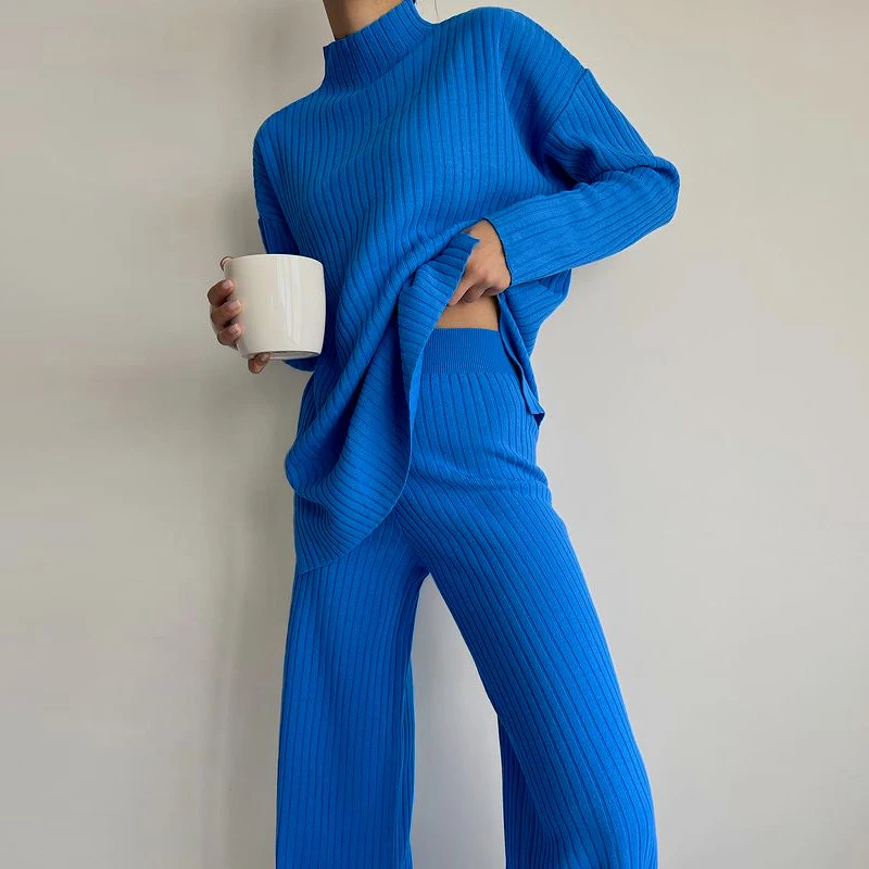 Kobiety Casual Long Sleeve Homewear 2Pc Set Elegant Knitted Solid Outfits Fashion Half High Neck Pullover Sweater & Long Pant Suit