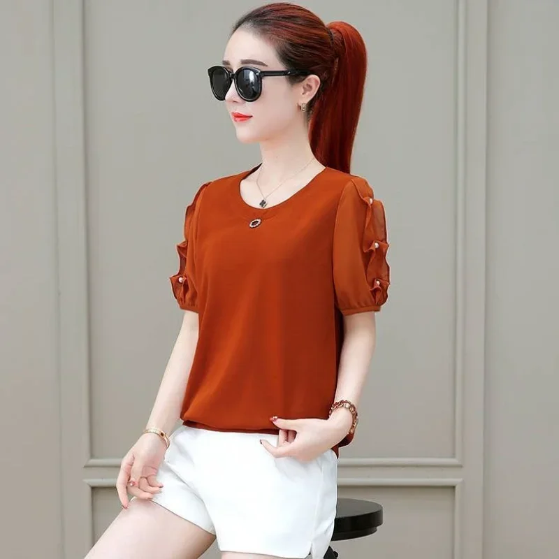 

New Short Sleeve O-neck All-match Red Shirt Tops Elegant Fashion Women Clothing Office Lady Chiffon Solid Color Blouse Summer