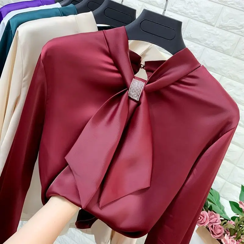 Bright Diamond Bow Wine Red Chic Blouse Female Spring Autumn Lace Up Long Sleeved Chiffon Loose Small Bow Tie Pullover Shirt