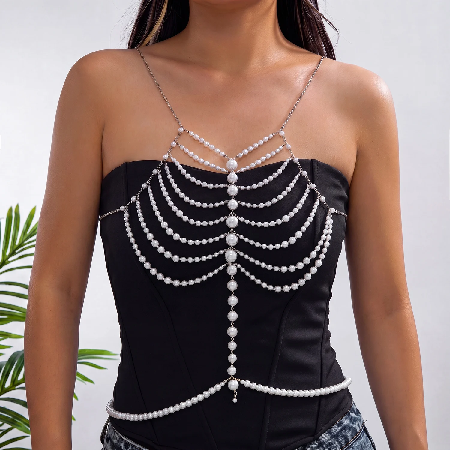 Elegante Imitationsperlen-Körperkette für Damen, schlichte, temperamentvolle, mehrlagige Quasten-Brustkette, Charms, Party-Schmuck, Geschenke – Detail 3