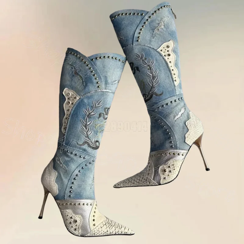 

Blue Denim Embroidery Alligator Print Rivets Boots Back Zipper Women Shoes Thin High Heels Pointed Toe 2026 Zapatos Para Mujere
