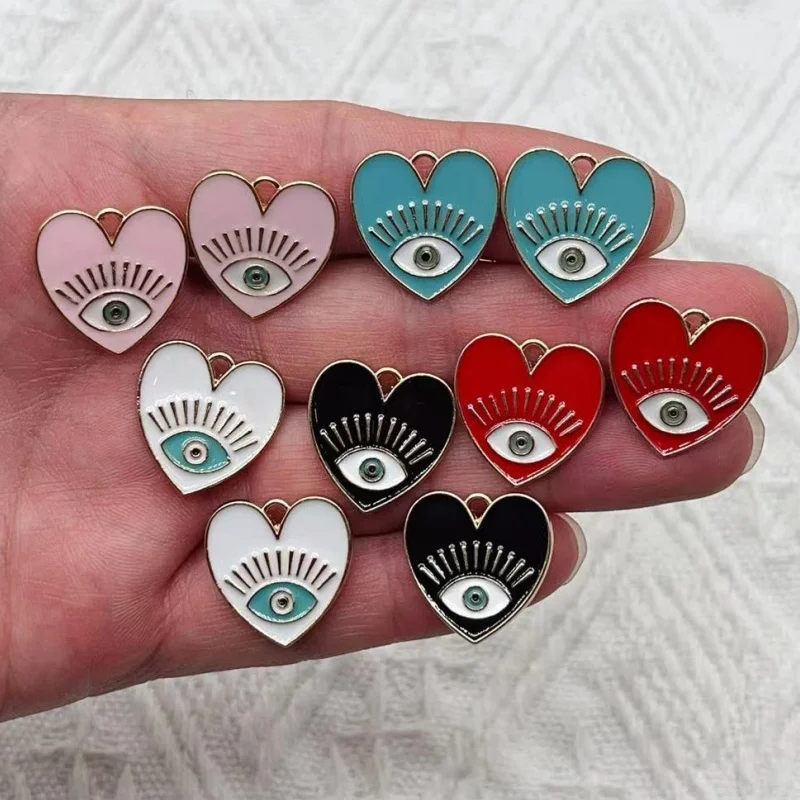 10pcs Gold Color 20x20mm Cute Enamel Heart Eye Charms Eyelash Pendant Fit Necklaces DIY Handmade Jewelry Making Finding Supplies