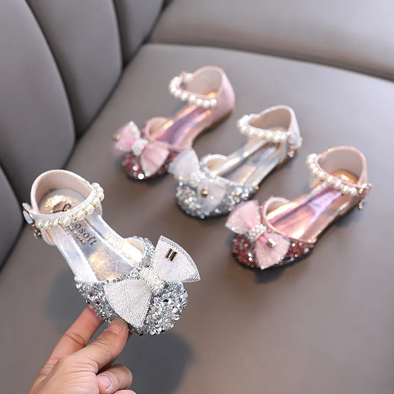 AINYFU Girls Sequin Lace Bow Sandals Children's Rhinestone Party Wedding Shoes Fashion Bling Pearl Baby Kids Soft Sole Sandals