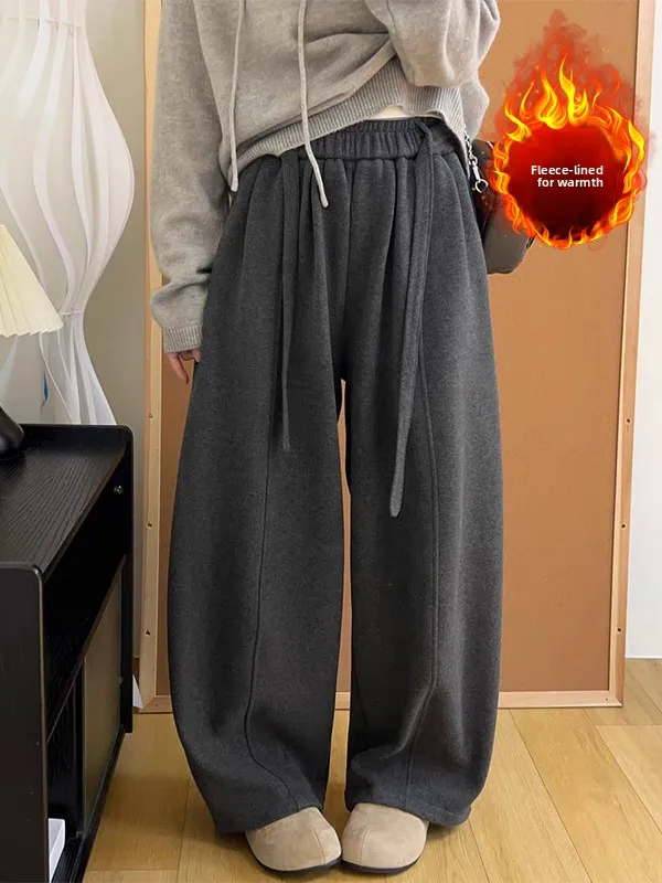 

Элегантные универсальные утепленные флисом широкие брюки с эластичным поясом, свободные повседневные брюки для женщин больших размеров, зимние.