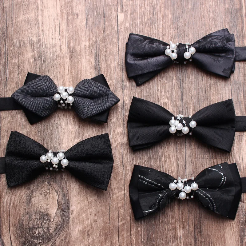 Black Men's Groom Wedding Dress Wedding Shoot Personality Fashion Pearl Accessories Bow Tie
