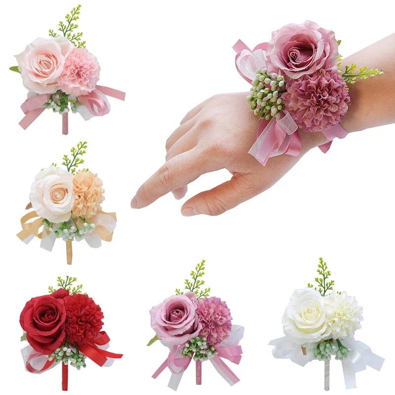 Wrist Flowers Bride Bridemaid Pearls Silk Ribbon Party Wedding Decoration On The Wrist Corsages Artificial Roses Flower