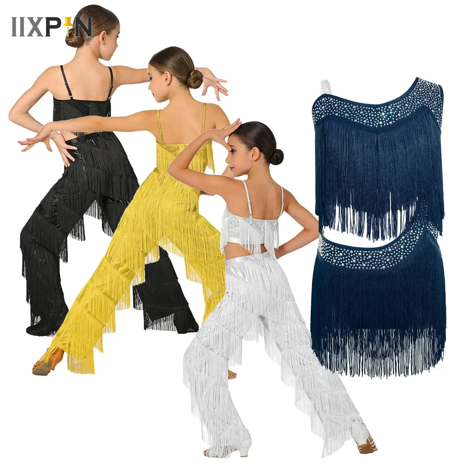 

Kids Latin Dance Pant Vest Suit Girls Ballroom Fringe Tassel Top Pants Set Salsa Samba Stage Performance Competition Dancewear