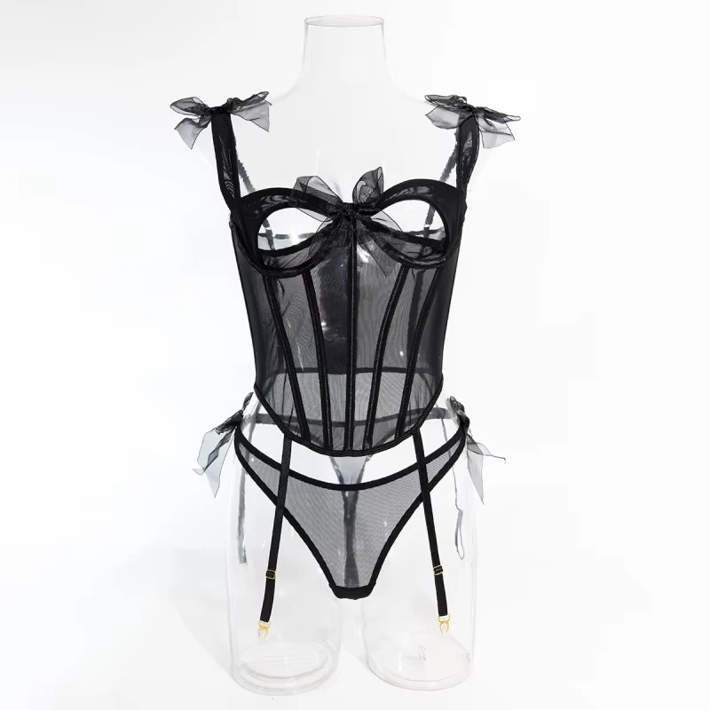 

Bikini with see-through bow ties, fishbone corset, sexy top, two-piece set for outerwear