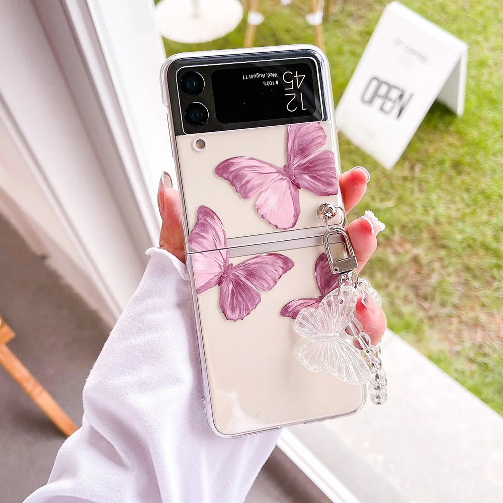 For Samsung Galaxy Z Flip 4 3 Case Butterfly Painted Bracelet For Samsung Z Flip3 Case Transparent Shockproof PC Hard Back Cover