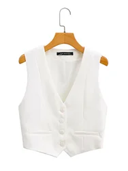 Zevity Women Fashion V Neck Single Breasted Short Vest Office Lady Sleeveless Chic White Suit Business Slim Waistcoat Tops CT556