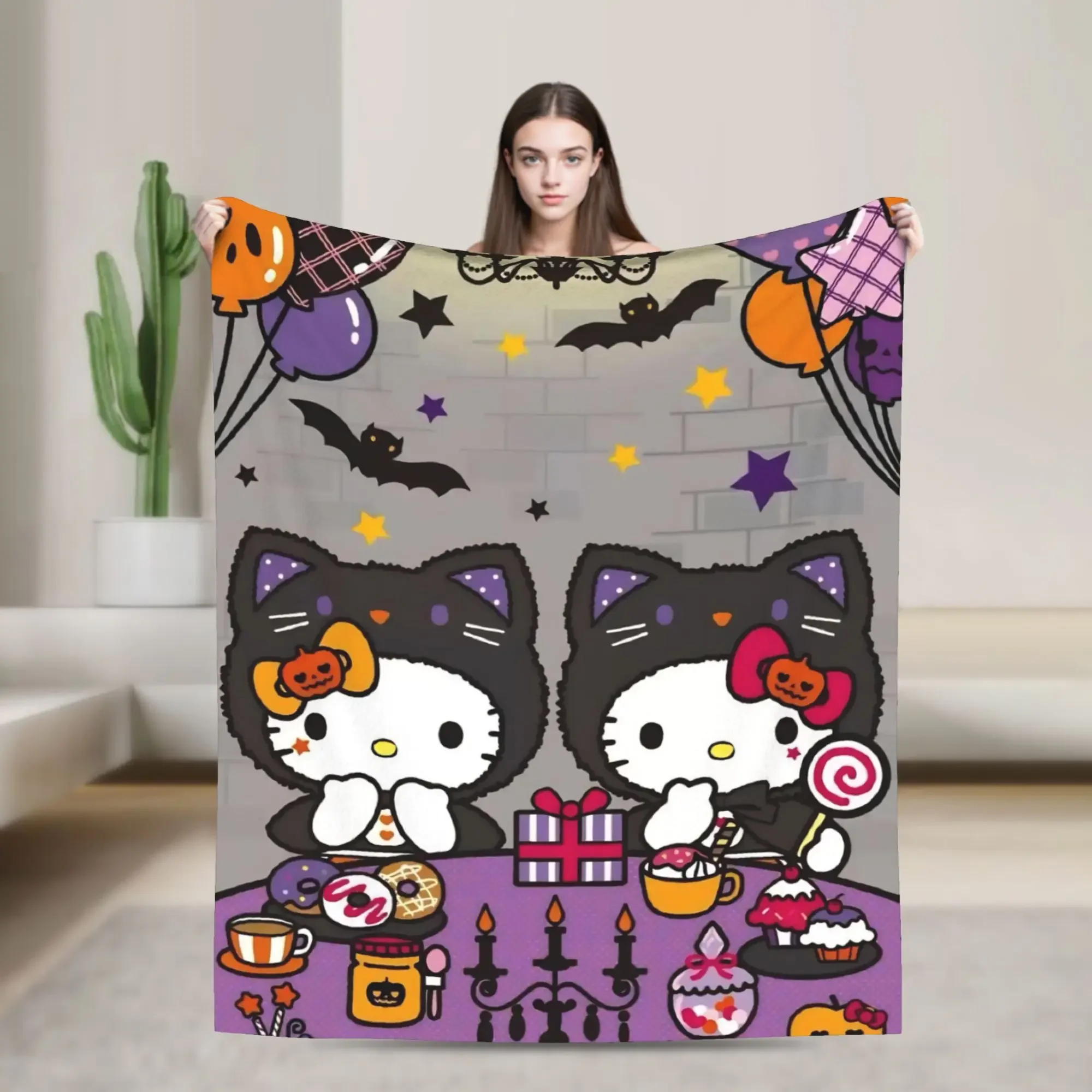 Hello Kitty Halloween Flannel Throw Blanket Soft Custom Quality Bedspread for Couch Chair Sofa Bed Perfect for Travel and Home