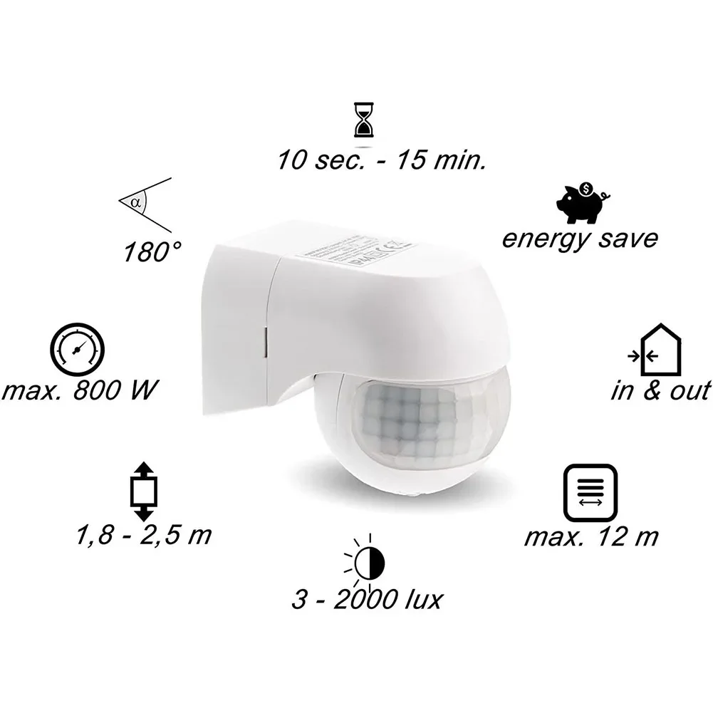 /White /PIR /Motion Detector Sensor 180 Degree 12M Range IP44 Waterproof For Outdoor Indoor Garden Security Light Switching
